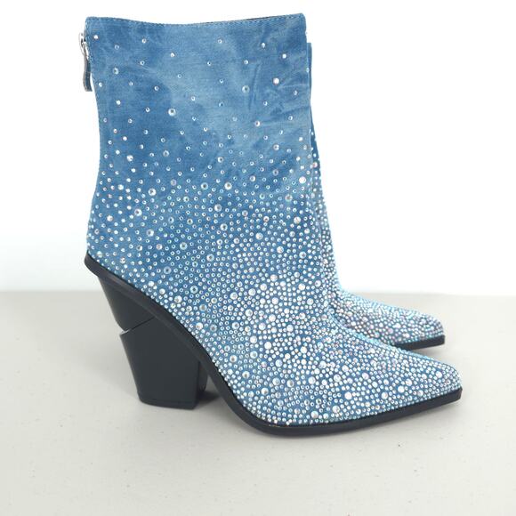 Azalea Wang Soulard Denim Western Rhinestone Booties Size 8.5 - Picture 6 of 16
